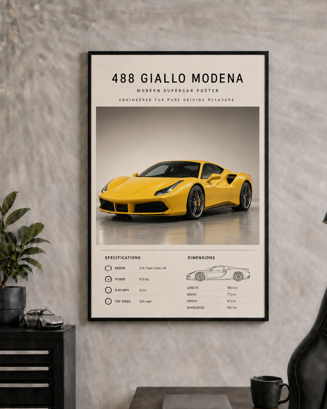 Ferrari 488 Giallo Modena Poster